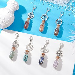 Платина 7 Чакра натуральный красный авантюрин, красная яшма, зеленый авантюрин, тигровый глаз, синтетическая бирюза, аметист и лазурит в стеклянной бутылке желаний подвеска украшения, Сплав с застежками, платина, 75~78 мм, 7 шт / комплект