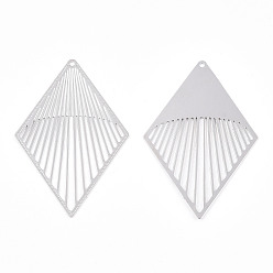 Платина Стеллаж покрытие латунь филигрань большие подвески, долговечный, ромбовидный шарм, без никеля , платина, 55.5x37x0.4 мм, отверстие : 1.2 мм