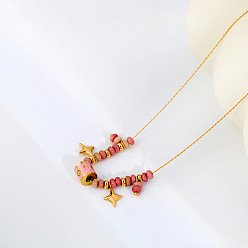 Rhodonite Natural Rhodonite Rondelle Beads and 304 Stainless Steel Enamel Pink Column Star Pendant Necklaces for Women, Golden, 16.54 inch(42cm)