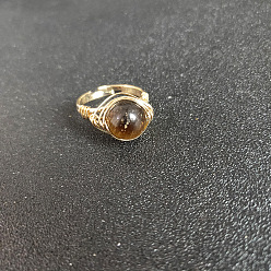 Тигровый глаз Проволочные круглые бусины из натурального тигрового глаза, латунные регулируемые кольца, золотые, внутренний диаметр: регулируемый
