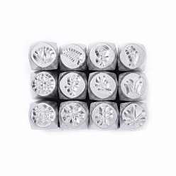 Platinum Iron Metal Stamps, for Imprinting Metal, Plastic, Wood, Leather, Mixed Plants Pattern, Platinum, 65.5x10mm, Pattern: 6mm, 12pcs/box