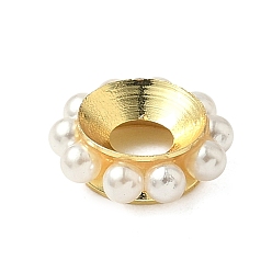 Белый Латуни европейского бисера, с ABS имитации жемчуга, ионное покрытие (ip), долговечный, без свинца и без кадмия, золотые, рондель, белые, 12~13x4 мм, отверстие : 4.5 мм