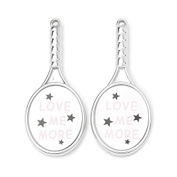 Silver Opaque Printed Acrylic Big Pendants, Tennis Racket with Word Charms, Silver, 74.5x32.5x7mm, Hole: 2.5mm
