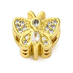 Настоящее золото 18K Реечное покрытие латунь микро паве кубический цирконий европейские бусины, бабочка, бусины с большим отверстием, долговечный, без кадмия и без свинца, реальный 18 k позолоченный, 11x12x10 мм, отверстие : 4.5 мм
