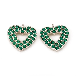 Зеленый Латунные микро проложить кубического циркония прелести, сердце, платина, зелёные, 15x14.5x2.5 мм, отверстие : 1 мм