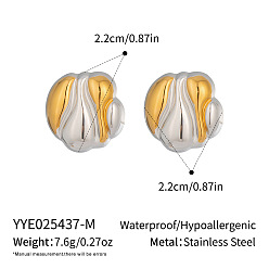 Real Gold Plated & Stainless Steel Color Geometric Round 304 Stainless Steel Stud Earrings for Women, Real Gold Plated & Stainless Steel Color, 22x22mm