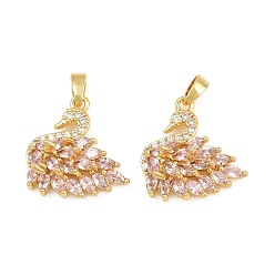 Real 18K Gold Plated Brass Micro Pave Pearl Pink Cubic Zirconia Pendants, Swan Charms, Real 18K Gold Plated, 18.5x18.5x6mm, Hole: 5x2mm
