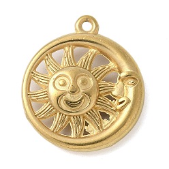 Настоящее золото 18K 304 подвески из нержавеющей стали, плоский круглый с солнечными чарами, реальный 18 k позолоченный, 21x18x4 мм, отверстие : 1.4 мм