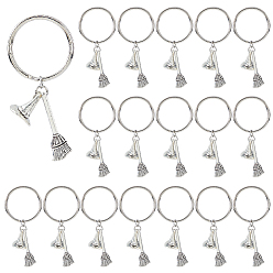 Antique Silver & Platinum 20Pcs Alloy Keychains, with Iron Rings, Broom with Witch Hat, Antique Silver & Platinum, 55mm