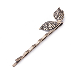 Antique Bronze Iron Hair Bobby Pins, with Brass Findings, Leaf, Nickel Free, Antique Bronze, 64x4mm, Leaf: 27x12mm