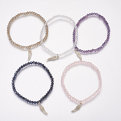 Mixed Color Glass Beads Stretch Bracelets, with Tibetan Style Pendants, Wing, Mixed Color, 2 inch(50mm)