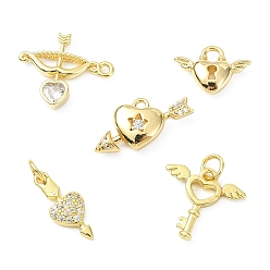 Настоящее золото 18K 10 шт. 5 стили латунные микропаве прозрачные кубические циркониевые подвески, сердце, реальный 18 k позолоченный, 10~18.5x7~17x2.2~4.5 мм, отверстие : 1.4~3.5 мм, 2 шт / стиль