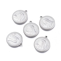 Stainless Steel Color Non-Tarnish 304 Stainless Steel Pendants, Flat Round with Virgin Mary, Stainless Steel Color, 21x18.3x2.8mm, Hole: 1.5mm