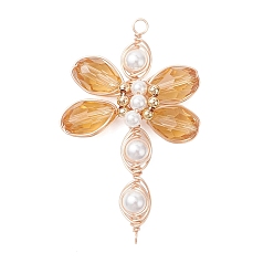 (932FM) Темно-синий аква-матовый с подкладкой Подвески-соединители из стеклянных бусин в виде стрекозы, с экологически чистой медной проволокой, темно-золотистые, 52~53x31~34x8 мм, отверстия : 1.2 mm и 2.5 мм