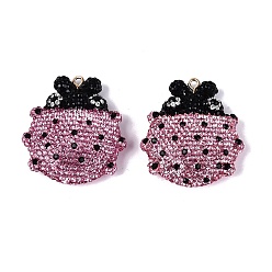 Rose Handmade Polymer Clay & Rhinestone Big Pendants, Beetle Charms, with Iron Loops, Light Gold, Rose, 50~51x45x14~15mm, Hole: 2~2.5mm