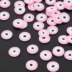 Pink Handmade Polymer Clay Cabochons, Polymer Clay Slices for Resin Crafts & DIY Projects, Flat Round with Evil Eye, Pink, 5~6x0.5~1mm, about 50000pcs/1000g