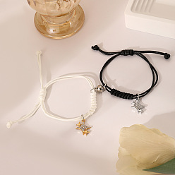 Звезда Браслеты из сплава со стразами и вощеным шнуром с подвесками, регулируемый комплект одинаковых браслетов, белый и черный, звезда, 4.92 дюйм (12.5 см)