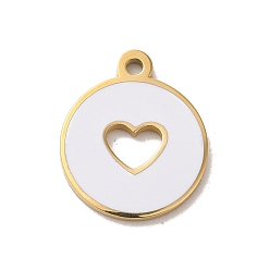 Белый 304 из нержавеющей стали шармы эмали, плоский круглый шарм с полым сердцем, реальный 14 k позолоченный, белые, 12x10x1 мм, отверстие : 1 мм