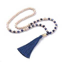 Marine Blue Nylon Tassel Pendant Necklaces, with Wood Beads, Natural Spiral Shell Beads, Natural Sodalite Beads and Alloy Findings, Marine Blue, 26.7~27.5 inch(68~70cm)
