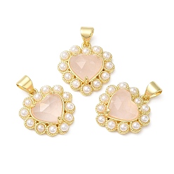 Розовый Кварц Природного розового кварца подвески, ограненные сердце прелести, с ионным покрытием (IP) латунными выводами и пластиковыми шариками, реальный 14 k позолоченный, 18~18.5x17.5~18x5.5~6.8 мм, отверстие : 4.5x3.5 мм