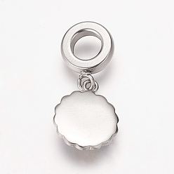 Antique Silver 304 Stainless Steel Rhinestone European Dangle Charms, with Enamel, Large Hole Pendants, Flower, Antique Silver, 25mm, Hole: 5mm, Pendant: 14.5x12x3mm