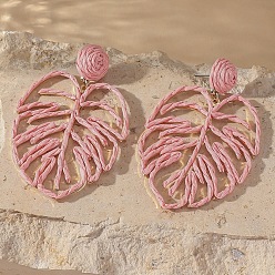 Pink Серьги-гвоздики из железной рафии, лист, золотой свет, с 316 штифтов из нержавеющей стали, розовые, 70x45 мм