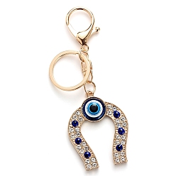 Golden Alloy Rhinestone Keychains, with Evil Eye Horseshoe Pendants, Golden, 11.8x4.2cm