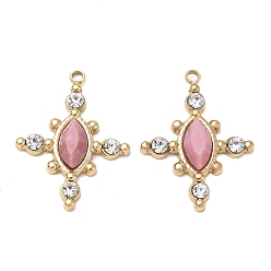 Rhodonite Natural Rhodonite Faceted Horse Eye Pendants, 304 Stainless Steel Crystal Rhinestone Cross Bezeled Charms, Ion Plating(IP), Real 14K Gold Plated, 22.5x17x3.5mm, Hole: 1.5mm