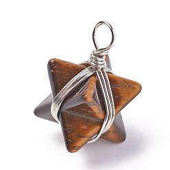 Тигровый глаз Природных тигровый глаз подвески, с латунной фурнитурой , Звезда Меркабы, платина, 24~27x17x17 мм, отверстие : 3.5~4 мм
