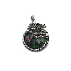 Ruby in Zoisite Natural Ruby in Zoisite Pendants, with Antique Silver Alloy Finding, Flat Round with Skull Charms, 40x35mm