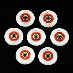 Red Printed Freshwater Shell Charms, with Enamel, Flat Round, Red, 17.5~18.5x2.5~3.5mm, Hole: 1.2mm