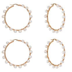Golden 304 Stainless Steel Hoop Earrings, with Natural Pearls, Ring Shape, Golden, 62.5x63x5.5~6mm, Pin: 0.7x1mm, 2pairs/box