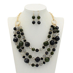 Black Alloy & Resin Beaded Multilayer Necklaces & Dangle Earrings Sets, Golden, Black, 460mm