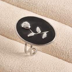 Нержавеющая Сталь Цвет Регулируемая манжета из нержавеющей стали с эмалированным покрытием, открытые кольца для женщин., овальные с розовым цветком, цвет нержавеющей стали, 304 мм, внутренний диаметр: 26 мм