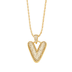 Letter V Brass Micro Pave Cubic Zirconia Pendant Necklaces, Golden, Letter V, 16.54 inch(42cm), Pendant: 24~30x13~22mm