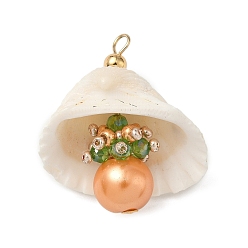 Оранжевый Подвески из натуральных ракушек и круглого стекла, подвески в форме ракушки с железными петлями, золотые, оранжевые, 32x27~30x17 мм, отверстие : 2.5 мм