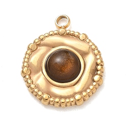 Oro Colgantes de ojo de tigre naturales, 304 Dijes redondos planos con bisel de acero inoxidable, dorado, 18.5x15.5x4 mm, agujero: 1.8 mm