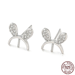 Real Platinum Plated Rhodium Plated Rabbit Ear 925 Sterling Silver Micro Pave Clear Cubic Zirconia Stud Earring Findings, for Half Drilled Beads, with S925 Stamp, Real Platinum Plated, 8.5x9.5mm, Pin: 10.5x0.7mm and 0.7mm