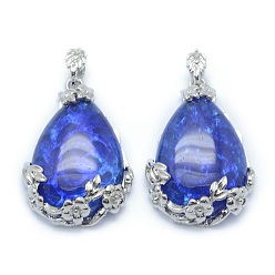 Стеклянный Камень Арбуза Голубые кулоны из арбузного каменного стекла, со сплавочной фурнитурой, слеза, платина, 40.5x28.5x10 мм, отверстие : 4.5x8 мм