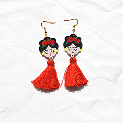Красный Серьги-подвески из сплава и акрила с кисточками, девушка, золотые, красные, 90x25 мм