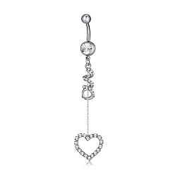 Platinum Piercing Jewelry, Brass Cubic Zirconia Navel Ring, Belly Rings, with 304 Stainless Steel Bar, Lead Free & Cadmium Free, Heart, Clear, Platinum, 81x16mm, 81x16mm, Bar Length: 3/8"(10mm), Bar: 14 Gauge(1.6mm)