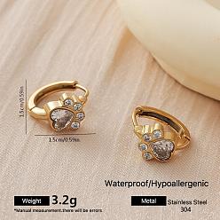 Paw Print 304 Серьги-кольца из нержавеющей стали с инкрустацией прозрачными кубическими циркониями для женщин, золотые, отпечаток лапы, 15x15 мм