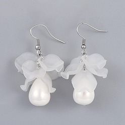 Stainless Steel Color Petal Transparent Acrylic Dangle Earrings, with Teardrop Shell Pearl Beads and 316 Surgical Stainless Steel Earring Hooks, Packing Box, White, 49~50mm, Pin: 0.7mm