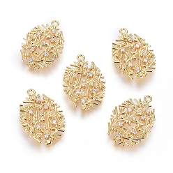 Golden Brass Micro Pave Cubic Zirconia Pendants, Long-Lasting Plated, Oval with Branches and Leaves, Golden, Clear, 21x14.5x2.5mm, Hole: 1.2mm