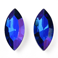 Blue Pointed Back Glass Rhinestone Cabochons, Back Plated, Faceted, AB Color Plated, Horse Eye, Blue, 15x7x4mm