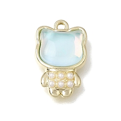 Light Gold Messing Harzanhänger, Katze Reize, mit Kunststoff-Perle, Licht Gold, 15x10x4 mm, Bohrung: 1.2 mm