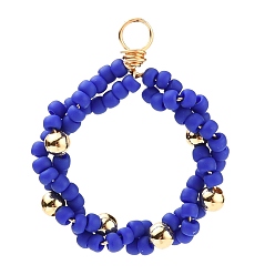 Blue Seed Beads Pendants, with Brass Beads and Eco-Friendly Copper Wire, Real 18K Gold Plated, Blue, 26~27x21~22x3~4mm, Hole: 3mm