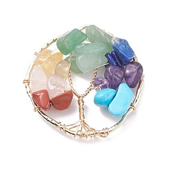 Real 18K Gold Plated Alloy Gemstone Chip Pendants, Natural Green Aventurine & Red Jasper & Rose Quartz & Citrine & Lapis Lazuli & Amethyst, Synthetic Howlite, with Copper Wire Wrapped, Mixed Dyed and Undyed, Ring with Tree, Real 18K Gold Plated, 35~36x34~35.5x6~9mm, Hole: 3~3.2x1~1.4mm