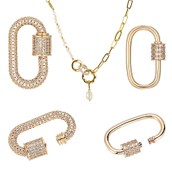 Golden 2Pcs 2 Styles Brass & Rhinestone & Cubic Zirconia Locking Carabiner, Oval, Quick Links, Golden, 25.5~28x13~15x2~3mm, 1pc/style