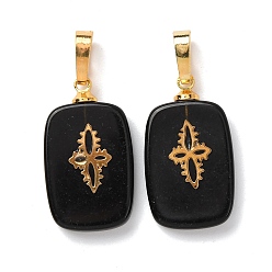 Обсидиан Природные подвески обсидиана, с латунной фурнитурой и 304 кабошонами из нержавеющей стали, золотые, прямоугольник с цветочным узором подвески, 23~23.5x13~13.5x3.5~4 мм, отверстие : 7.5x4 мм